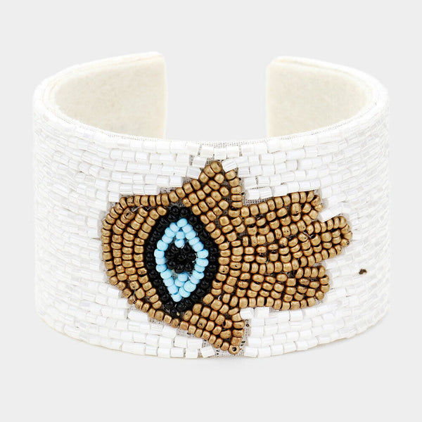 Cuff Bracelet Hamsa Hand Evil Eye 1.6"Wide WHITE Seed Beaded Bugle God Religious