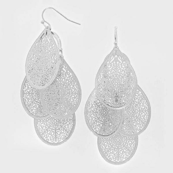 Filigree Earrings Metal Teardrop Layered Bohemian Lightweight 3" Drop 4 COLORS