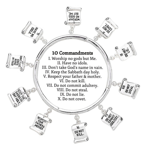 10 Commandments Bracelet Stretch Charm Bangle Religious Jewelry Pray Cross SILVER