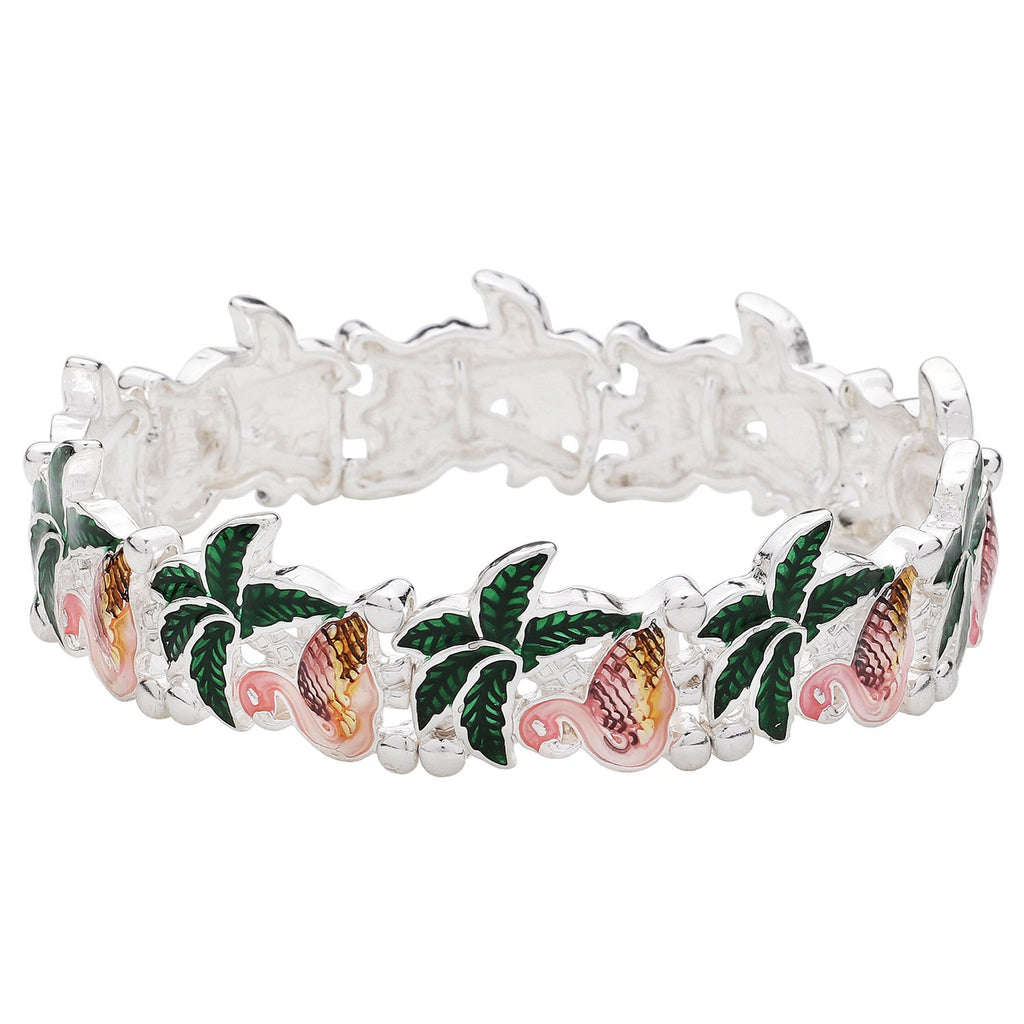 Palm Tree Stretch Bracelet Flamingo SILVER Enamel