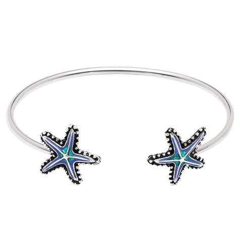 Starfish Bracelet Open Cuff Bangle Blue Enamel Sea Life Beach Surfer SILVER