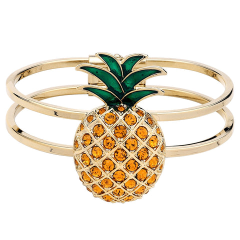 Pineapple Bracelet Hinge Bangle Crystal Rhinestone Tropical Leaf Fruit GOLD