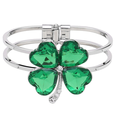 4 Leaf Clover Bracelet Hinge Bangle Crystal Rhinestone Shamrock SILVER GREEN