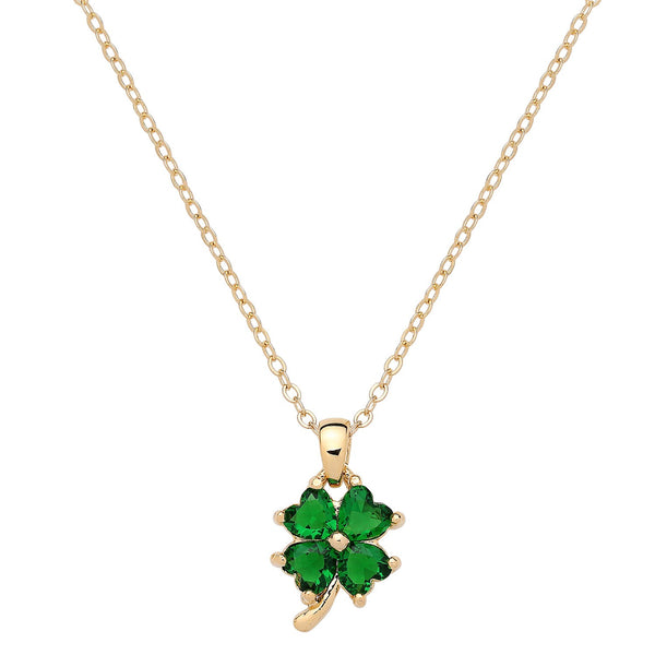 Shamrock Necklace 4 Leaf Clover Cubic Zirconia Pendant GOLD GREEN