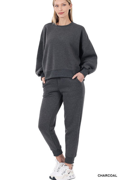 Zenana Balloon Sleeve Sweatshirt & Sweatpants Set