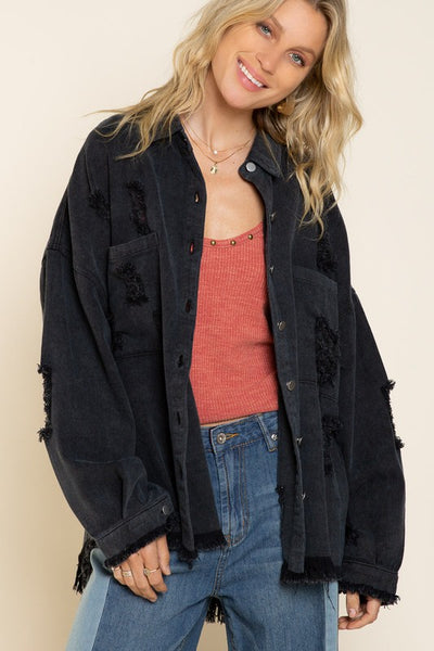 POL Fringe Distressed Oversized Jacket