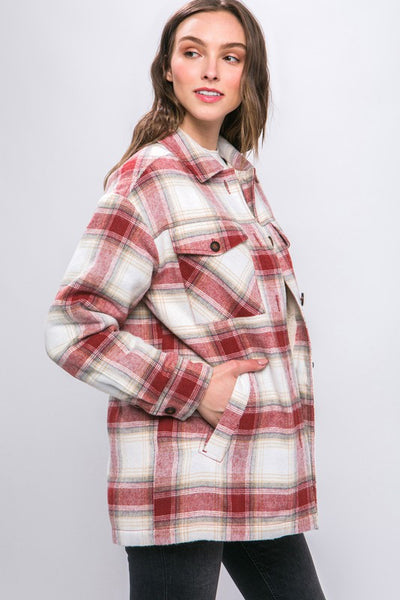 Love Tree Plaid Button Up Jacket with Sherpa Lining