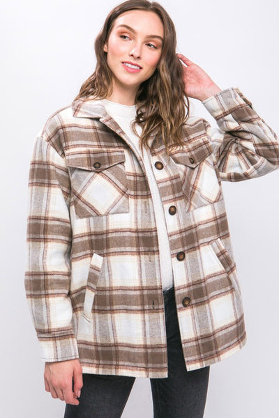 Love Tree Plaid Button Up Jacket with Sherpa Lining