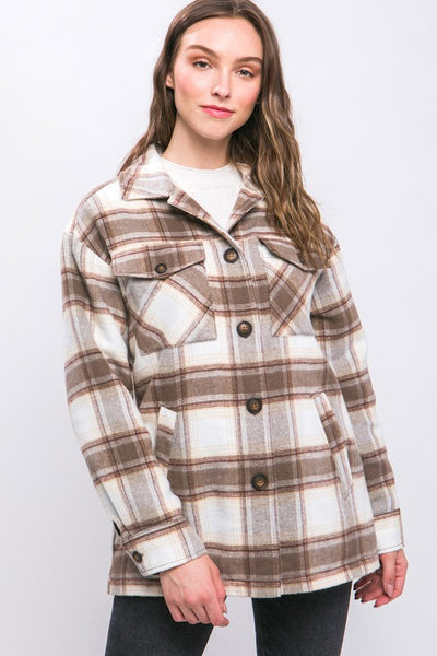 Love Tree Plaid Button Up Jacket with Sherpa Lining