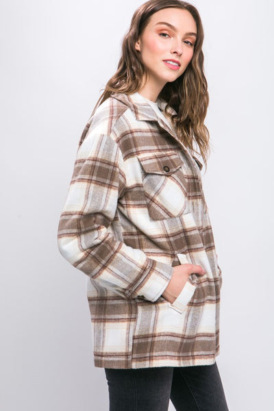 Love Tree Plaid Button Up Jacket with Sherpa Lining