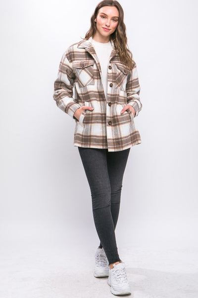 Love Tree Plaid Button Up Jacket with Sherpa Lining