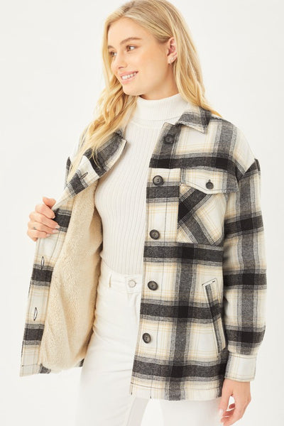 Love Tree Plaid Button Up Jacket with Sherpa Lining