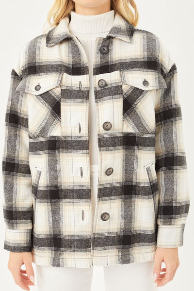 Love Tree Plaid Button Up Jacket with Sherpa Lining