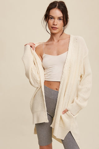 Listicle Cable Knit Open Front Long Cardigan