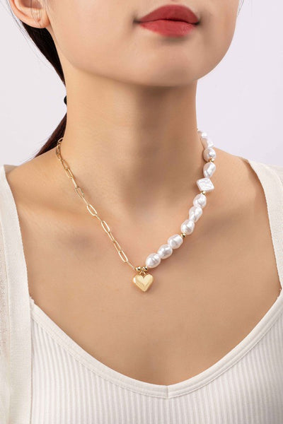 Asymmetric Pearl & Chain Necklace With Puffy Heart