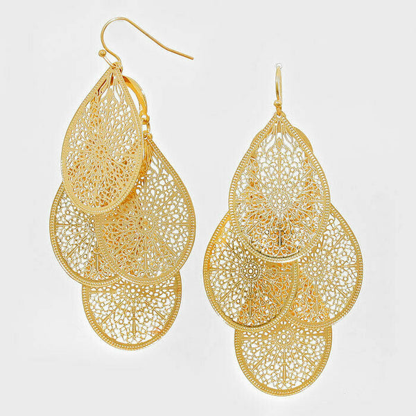 Filigree Earrings Metal Teardrop Layered Bohemian Lightweight 3" Drop GOLD - PalmTreeSky