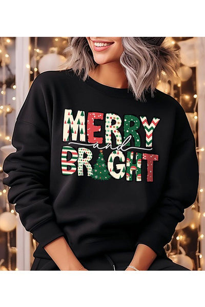 Merry and Bright Patchwork Letters Christmas Sweatshirt