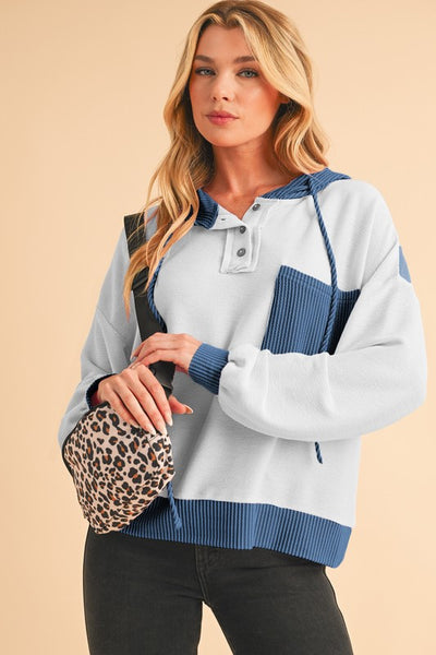 Corded Patch Pocket Drawstring Henley Hoodie