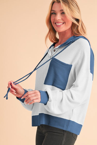 Corded Patch Pocket Drawstring Henley Hoodie