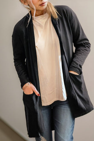 Solid Color Open Front Cardigan with Pocket