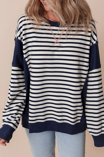 Stripe Patchwork Exposed Seam Loose Fit Sweatshirt