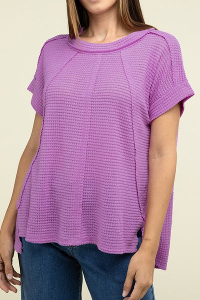 Brushed Waffle Exposed-Seam Short Sleeve Top