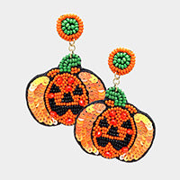 Pumpkin Earrings Seed Beaded Felt Back 2.5"L Sequins Statement Jewelry Halloween