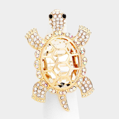 Copy of Cocktail Ring Turtle Rhinestone Pave Crystals Wide Stretch Evening Sea Life GLOD CLEAR