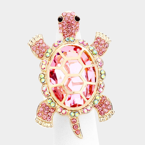 Cocktail Ring Turtle Rhinestone Pave Crystals Wide Stretch Evening Sea Life GOLD PINK GREEN