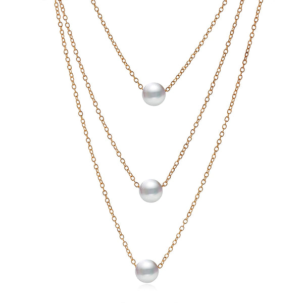 GOLD Metal Chain Necklace Triple Pearl Thin Layered Chains