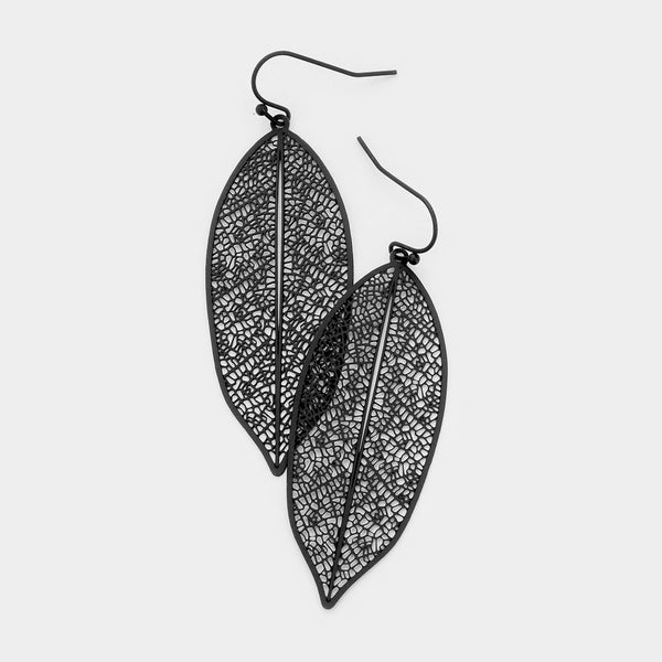 Leaf Earrings Filigree Leaf Petal 2.5" Drop Tree Ivy Lightweight Metal SILVER GOLD BLACK