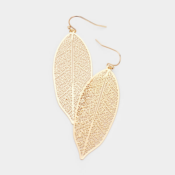 Leaf Earrings Filigree Leaf Petal 2.5" Drop Tree Ivy Lightweight Metal SILVER GOLD BLACK