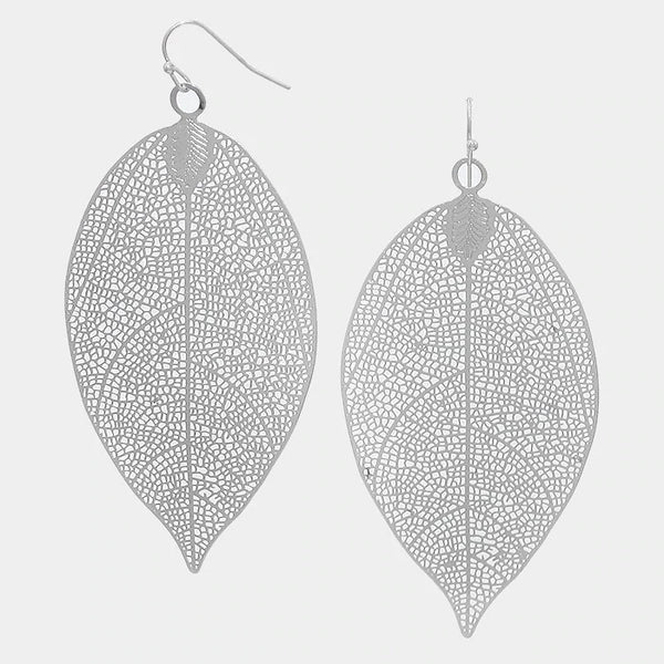 Earrings Metal Leaf Cut Out Filigree BLACK 3 1/2" Chandelier Hanging Jewelry 4 COLORS