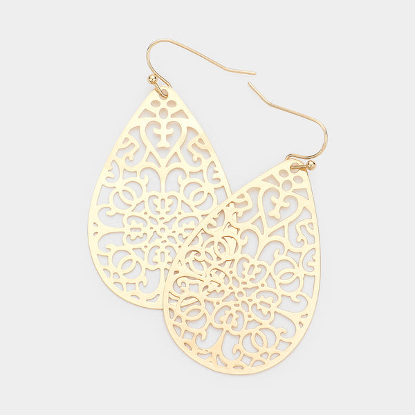 Filigree Earrings Teardrop Floral Cut Out 2 COLORS SILVER GOLD