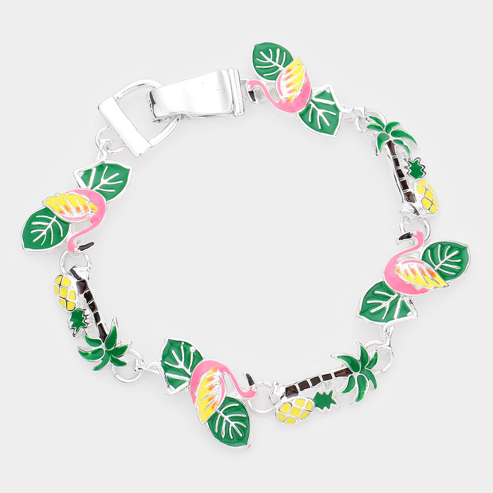 Palm Tree Bracelet Chain Link Magnetic Closure Clasp Flamingo Pineapple Leaf