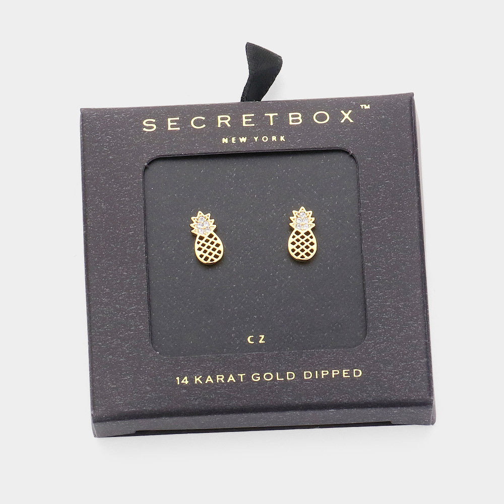 Pineapple Earrings Small CZ Cubic Zirconia Secret Gift Box 14K GOLD DIPPED Post Stud