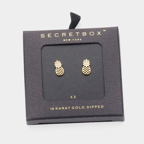 Pineapple Earrings Small CZ Cubic Zirconia Secret Gift Box 14K GOLD DIPPED Post Stud