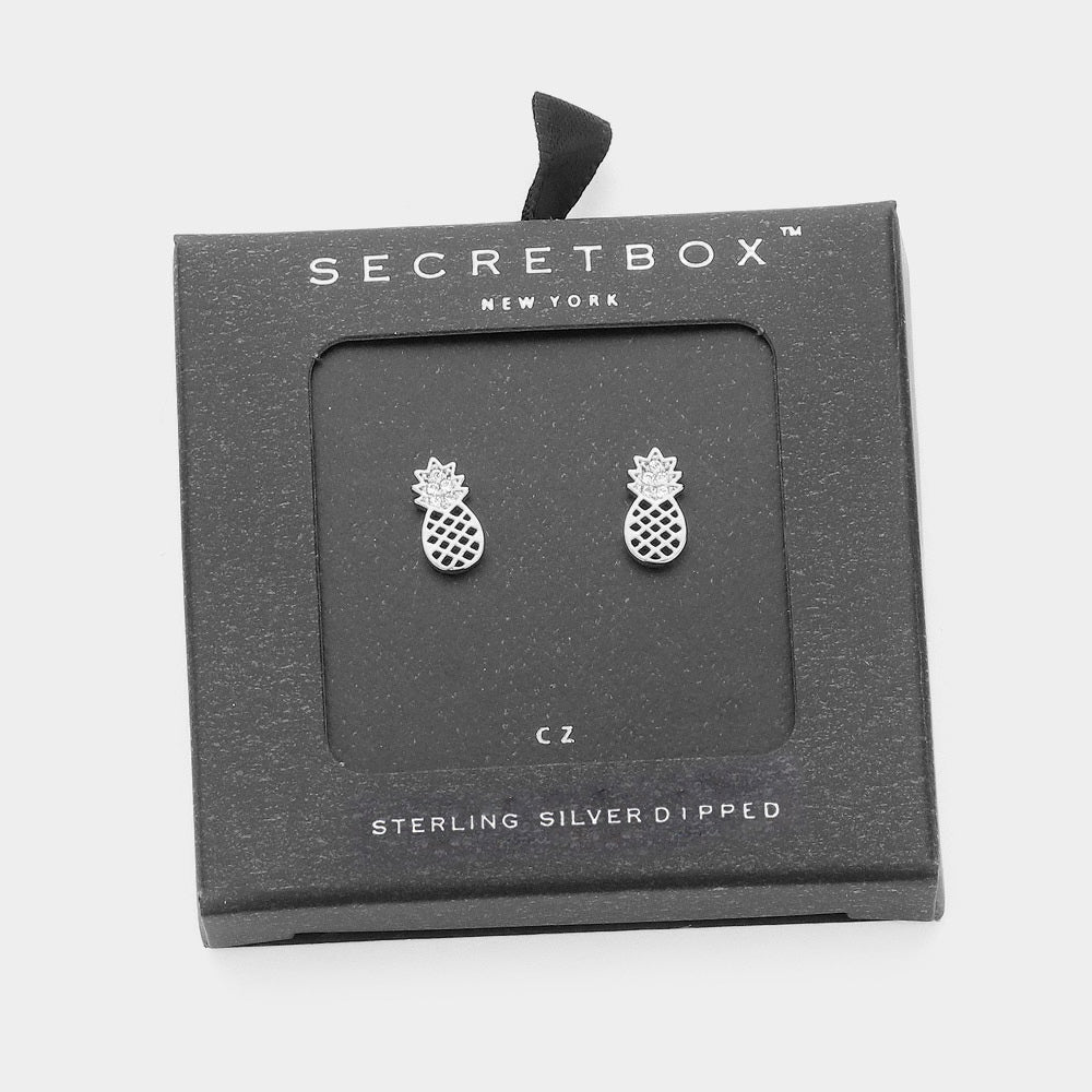 Pineapple Earrings Small CZ Cubic Zirconia Secret Gift Box WHITE GOLD DIPPED Post Stud