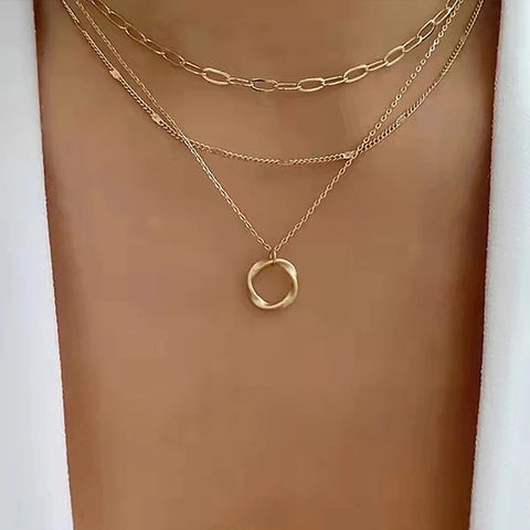 GOLD Necklace Oval Chain Link Triple Layered Twisted Metal Charm