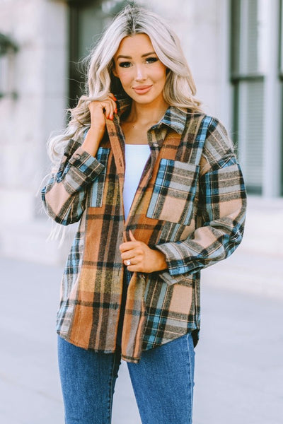 Women Plaid Block Buttoned Shirt with Pockets