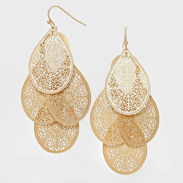 Filigree Earrings Metal Teardrop Layered Bohemian Lightweight 3" Drop 4 COLORS