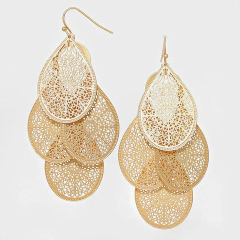 Filigree Earrings Metal Teardrop Layered Bohemian Lightweight 3" Drop 4 COLORS