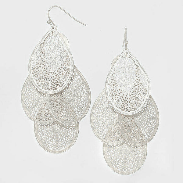 Filigree Earrings Metal Teardrop Layered Bohemian Lightweight 3" Drop 4 COLORS