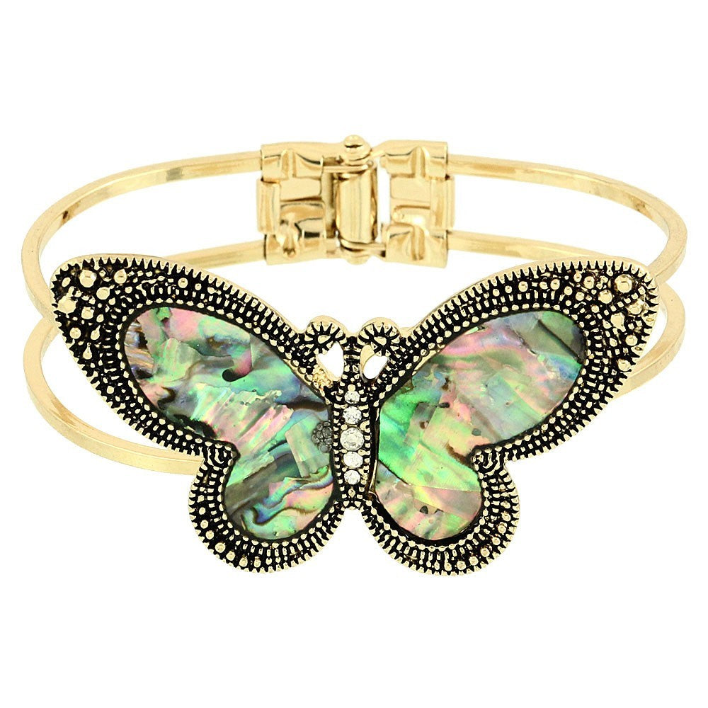 Butterfly Bracelet Double Bar Hinge Bangle GOLD Abalone Shell Crystal Rhinestone