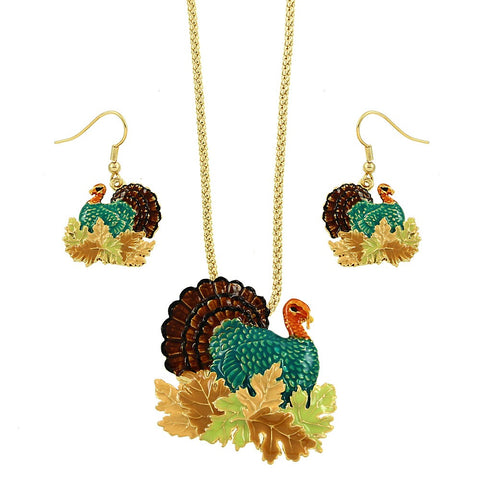 Turkey Necklace Earrings SET Thanksgiving Fall Holiday Jewelry GOLD - PalmTreeSky