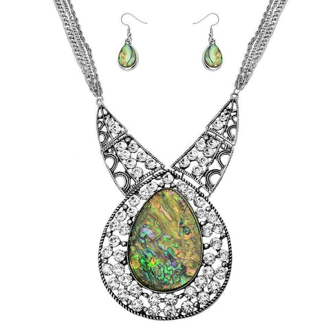 Abalone Shell Necklace SET Large Teardrop Statement Rhinestone Cluster SILVER - PalmTreeSky