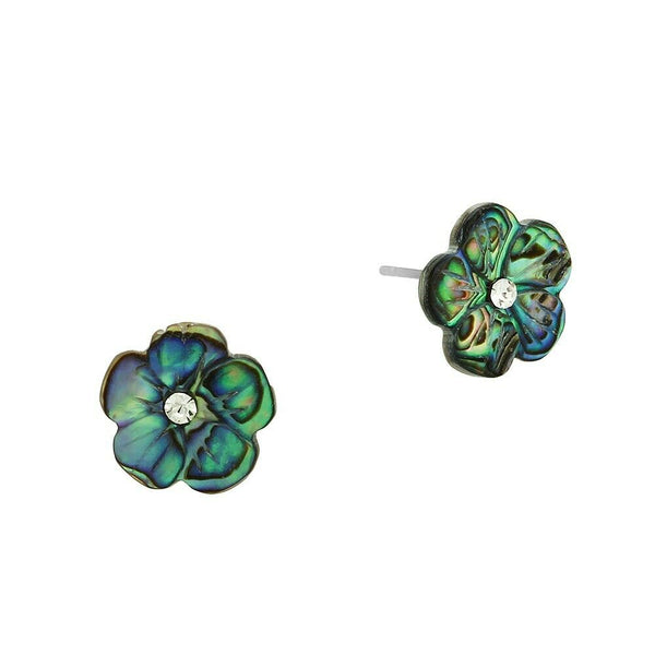 Abalone Shell Earrings Flower Floral Stud Posts Crystal Center Beach Sea Life - PalmTreeSky