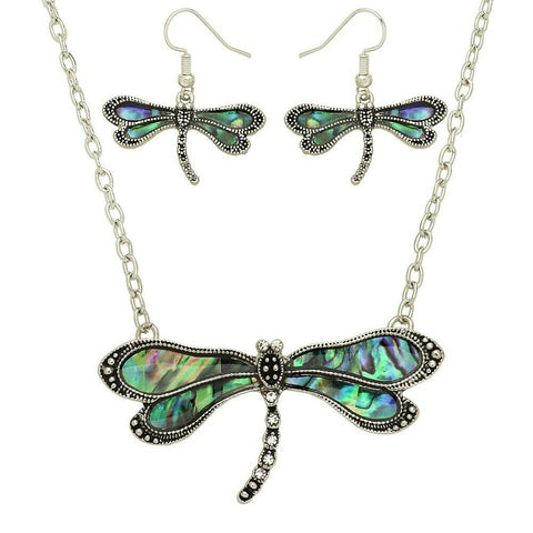 Abalone Shell Necklace SET Metal Dragonfly Pendant Charm Beach Marcasite SILVER - PalmTreeSky