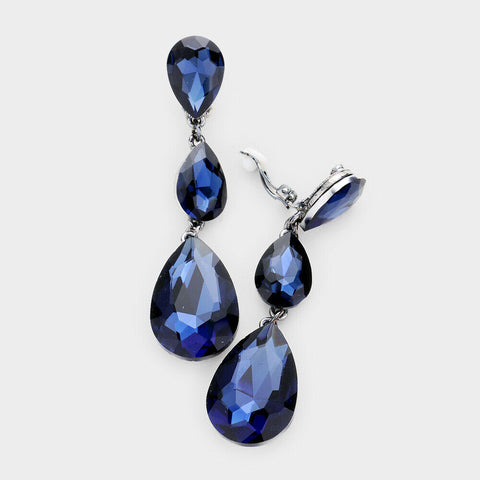 Clip On Earrings Crystal Triple Teardrops Clip ons Clip-On 3" Long BLUE Jewelry - PalmTreeSky