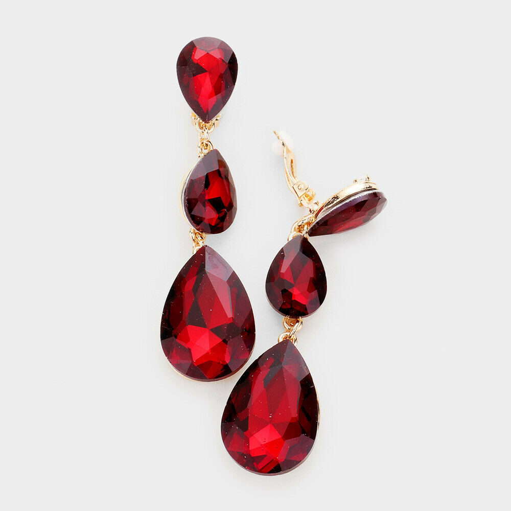 Clip On Earrings Crystal Triple Teardrops Clip ons Clip-On 3" Long RED Jewelry - PalmTreeSky